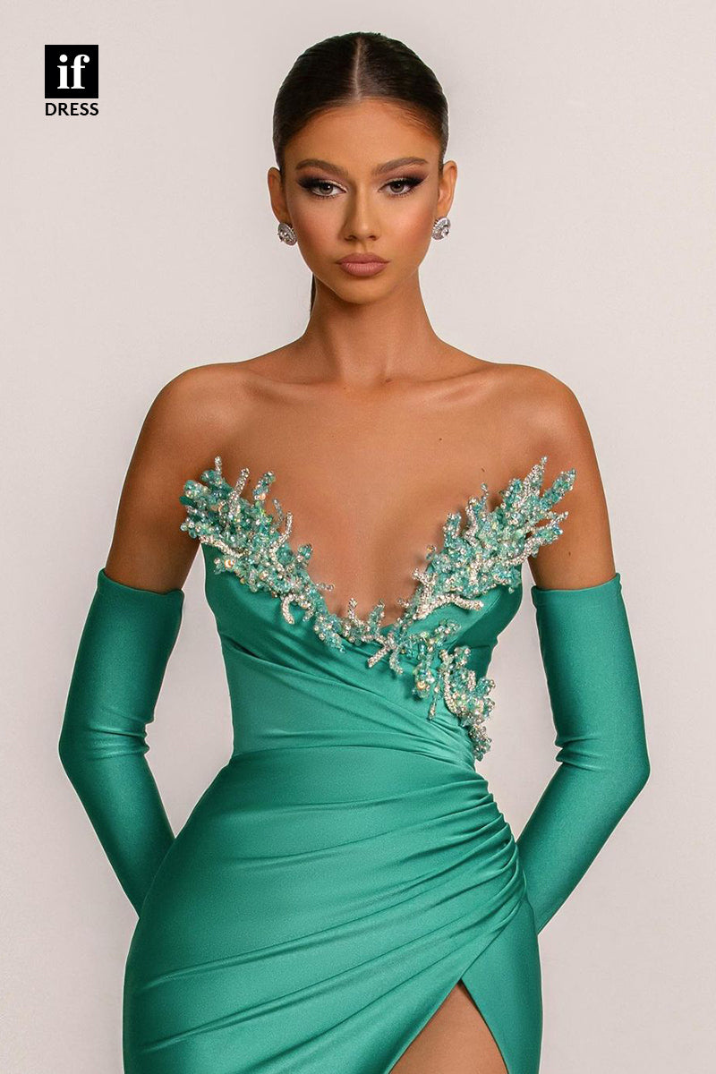 34850 - Off Shoulder V-Neck Beaded Empire High Split Pleats Prom Evening Formal Dress