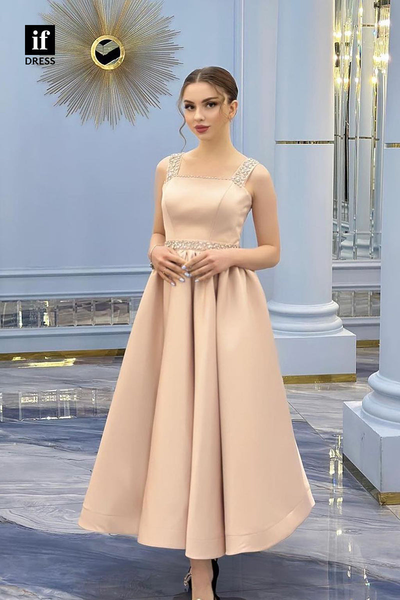 34874 - Elegant Straps A-Line Sleeveless Beads Satin Prom Evening Formal Dress