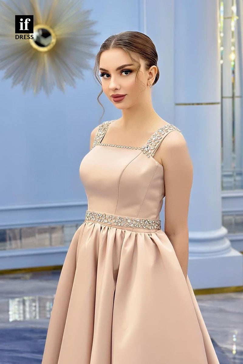 34874 - Elegant Straps A-Line Sleeveless Beads Satin Prom Evening Formal Dress