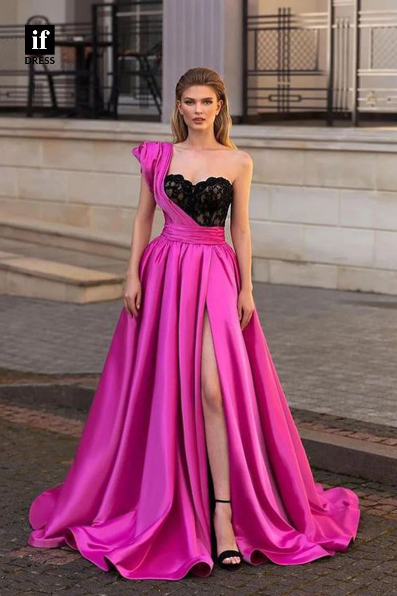 34876 - A-Line Classy One Shoulder Sweetheart Pleats Prom Evening Formal Dress with Split