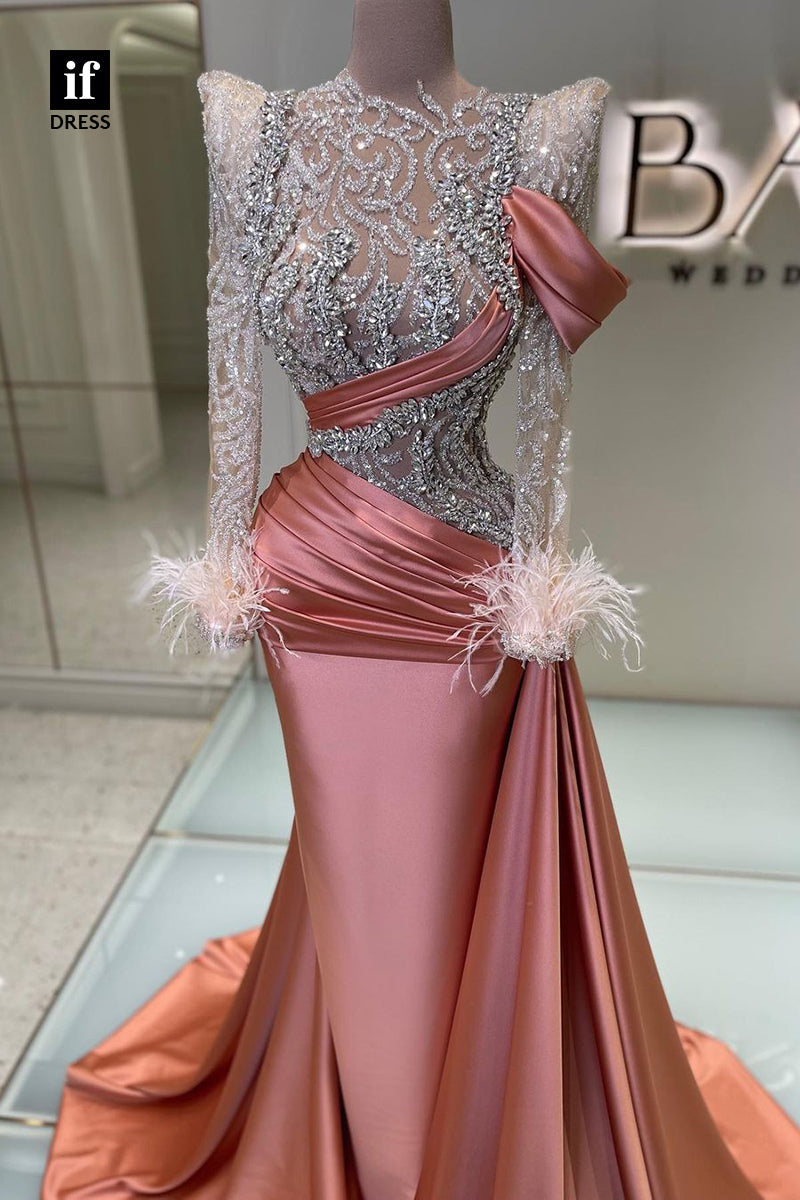 34877 - Elegant High Neck Beading Long Sleeves Feathers Evening Formal Dress with Train