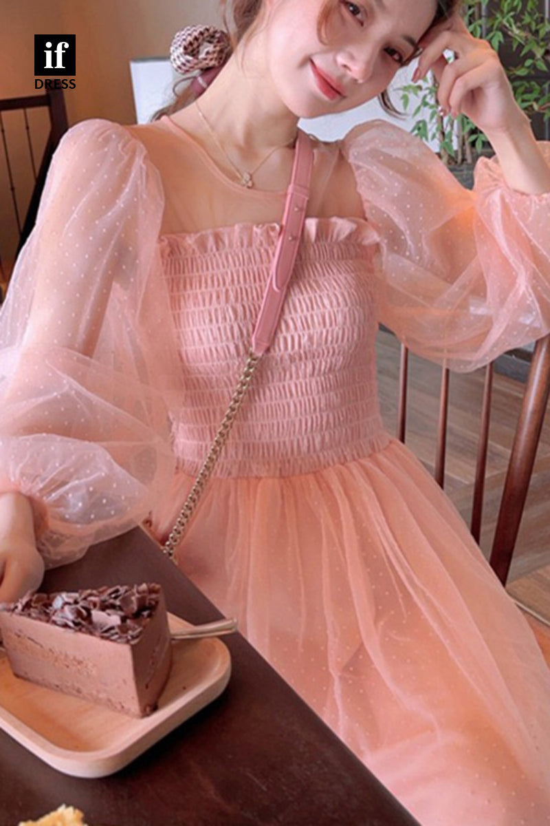 34878 - Elegant Vintage Polka Dot Tulle Long Sleeves Summer Party Holiday Fairy Dress