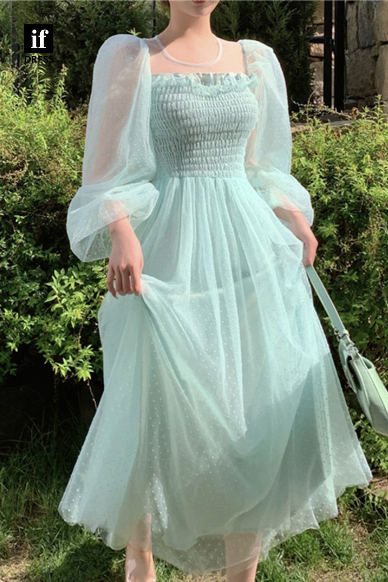 34878 - Elegant Vintage Polka Dot Tulle Long Sleeves Summer Party Holiday Fairy Dress