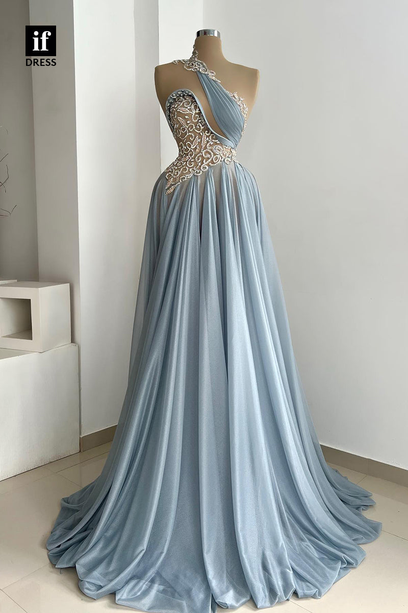 34879 - Gorgeous One Shoulder Beads A-Line Ruched Evening Formal Dress