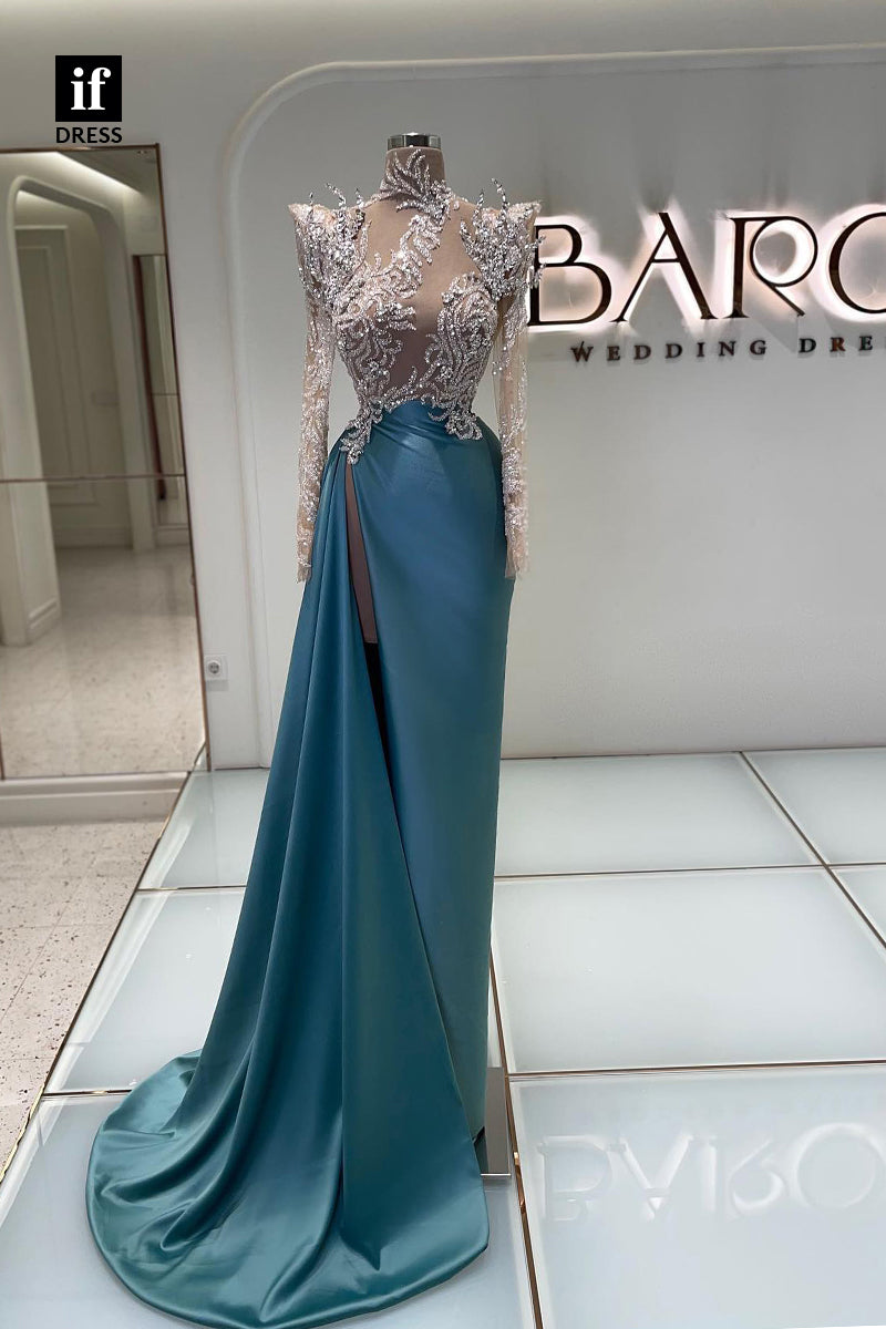 34880 - Gorgeous High Neck Beads High Slit Illusion Evening Formal Dress with Slit