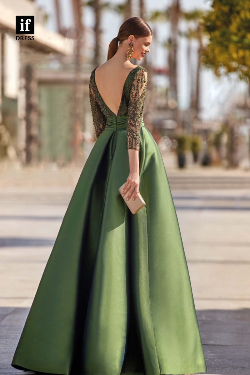 34882 - Chic A-Line Long Sleeves Appliques Belt Evening Formal Dress with Slit