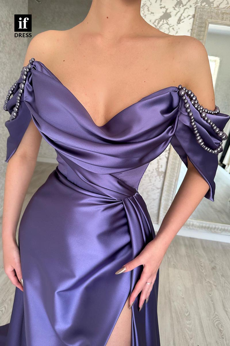 34891 - Elegant Strapless V-Neck Cap Sleeves Side Slit Prom Evening Formal Dress