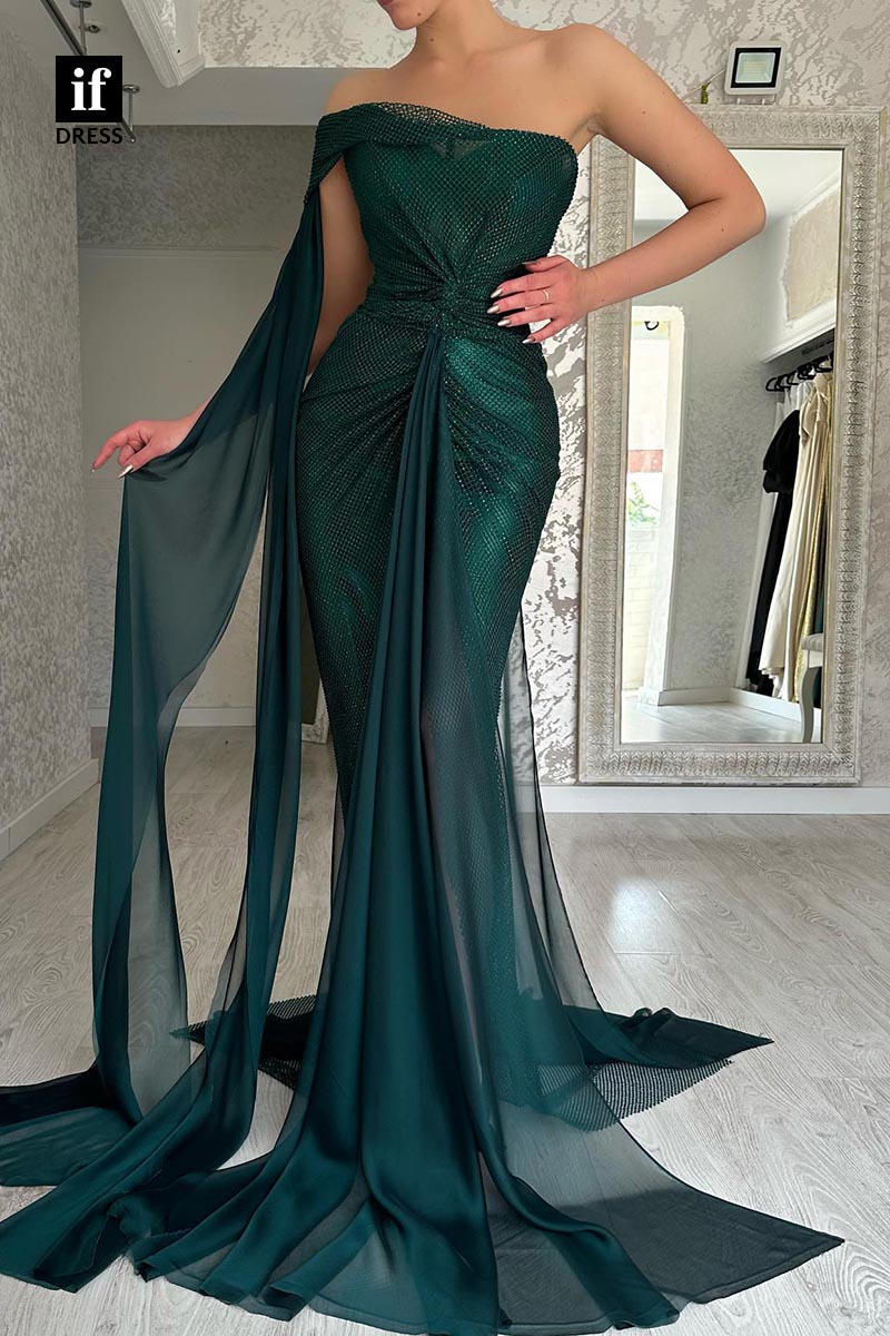 34896 - Classy Strapless Pleats Mermaid/Trumpet Tulle Prom Evening Formal Dress