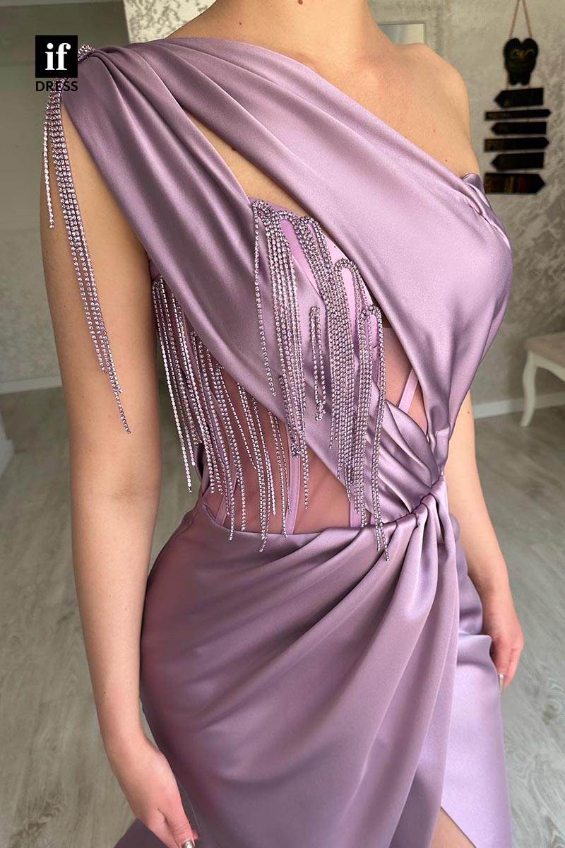 34897 - Elegant One Shoulder Beads Pleats Prom Evening Formal Dress with Slit