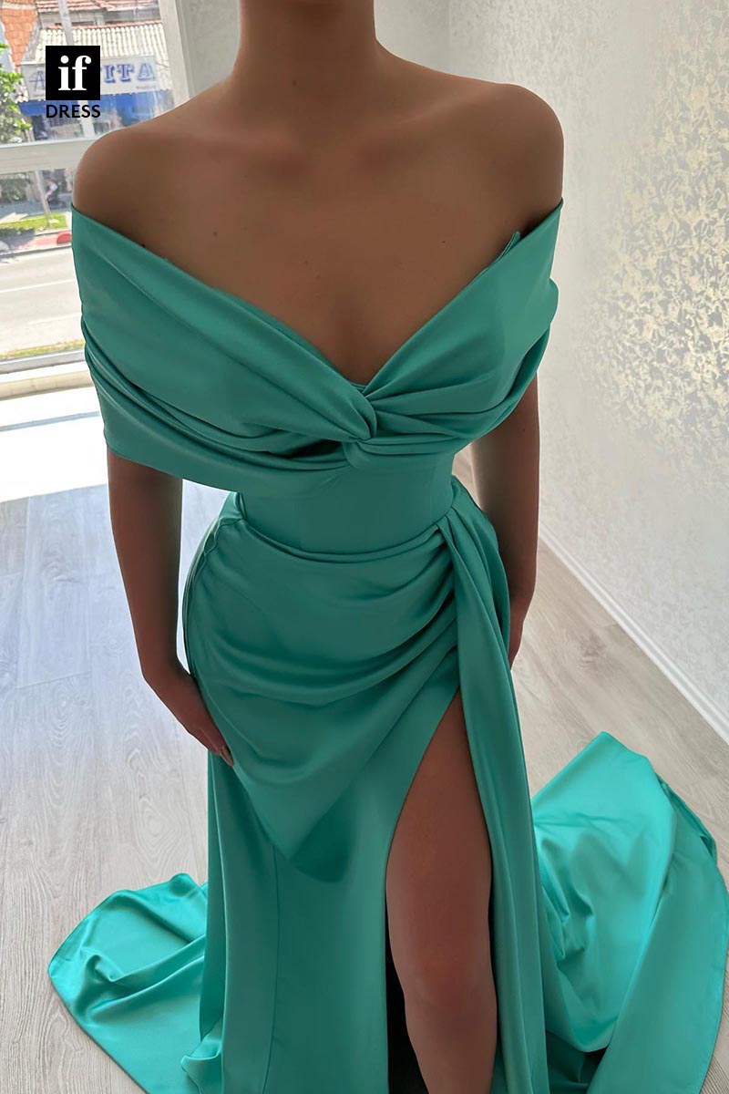 34899 - Unique Strapless Cap Sleeves Pleats High Slit Prom Evening Formal Dress with Train