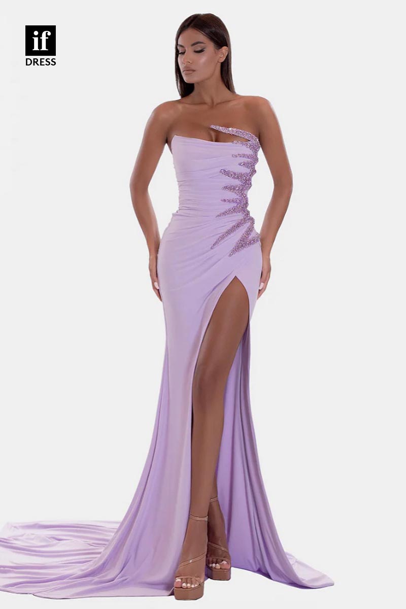 34907 - Adorable Strapless  Beads High Slit  Prom Evening Formal Dress with Train