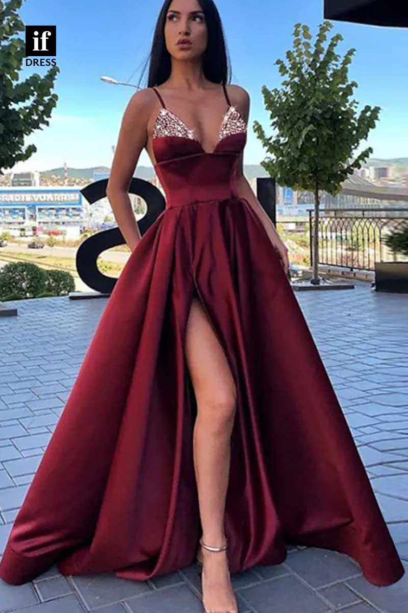 34910 - A-Line Straps V-Neck Beads Side Slit  Prom Evening Formal Dress