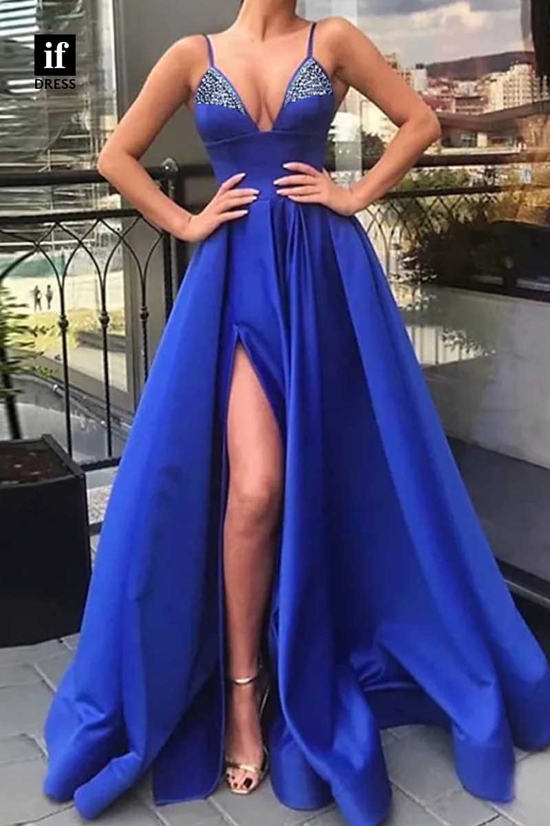 34910 - A-Line Straps V-Neck Beads Side Slit  Prom Evening Formal Dress