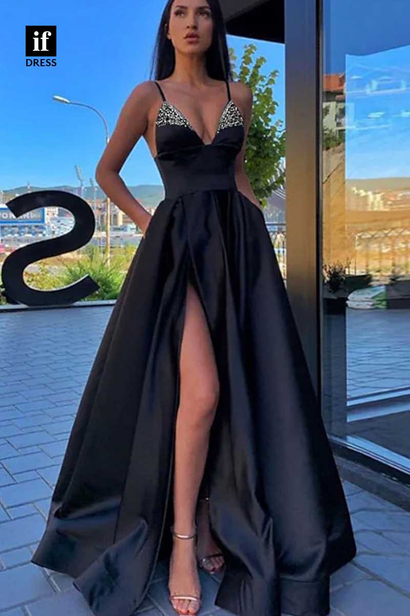 34910 - A-Line Straps V-Neck Beads Side Slit  Prom Evening Formal Dress