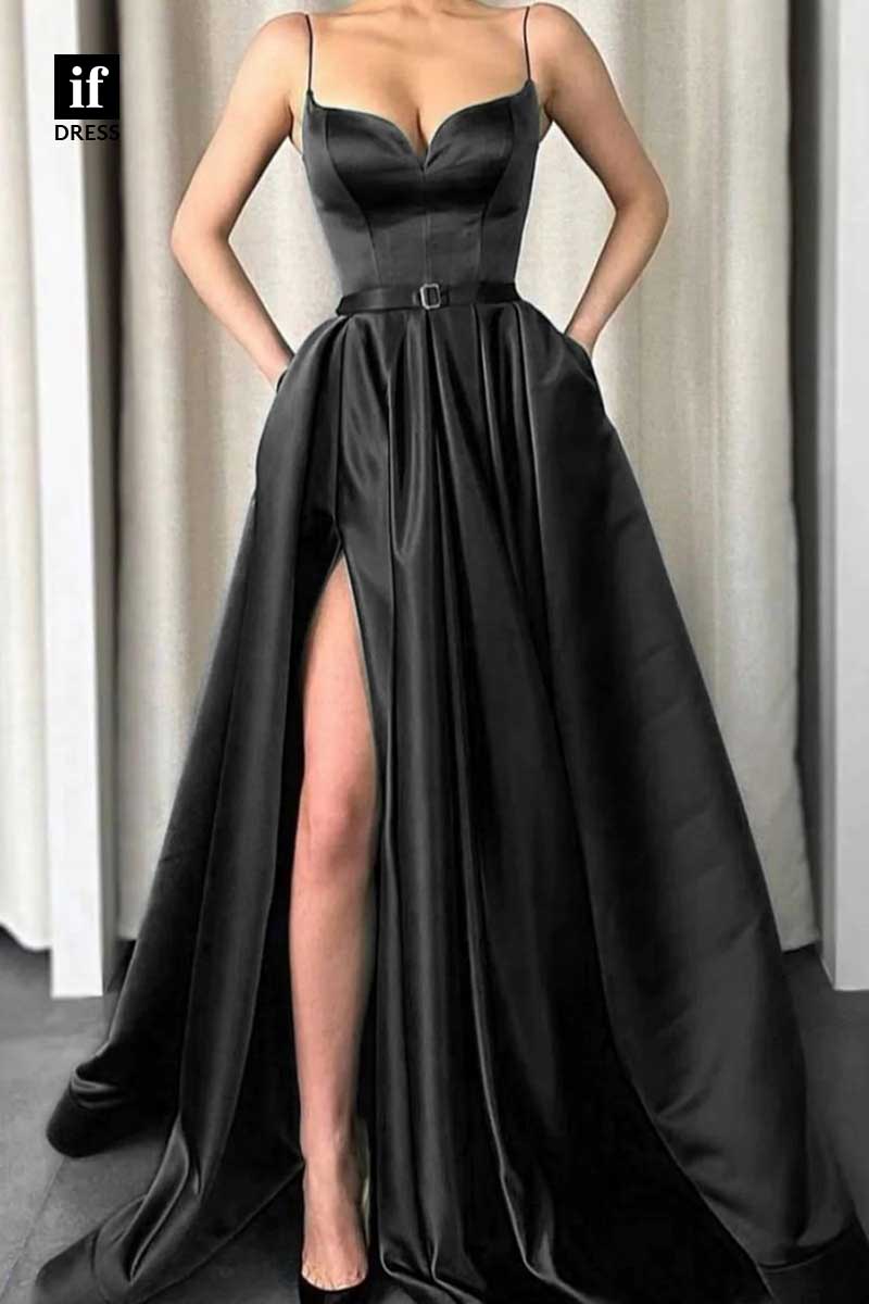 34912 - Modern A-Line Straps V-Neck Belt Pleated Side Slit Prom Evening Formal Dress