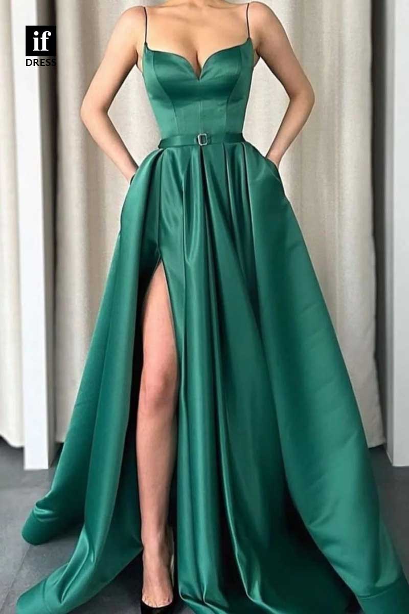 34912 - Modern A-Line Straps V-Neck Belt Pleated Side Slit Prom Evening Formal Dress