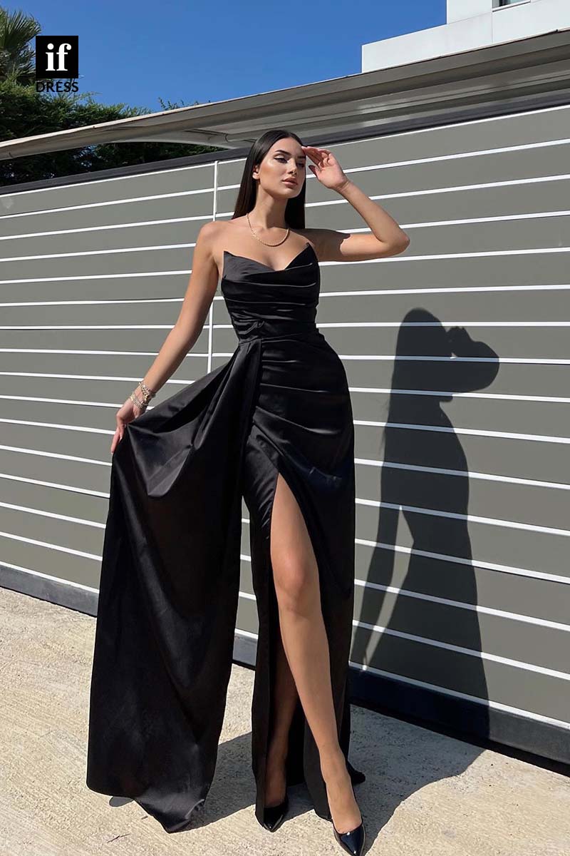 34922 - Classic Strapless V-Neck High Slit Pleats Prom Evening Party Dress