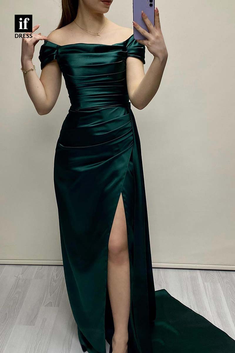 34923 - Classy Strapless Square Side Slit Satin Prom Evening Formal Dress