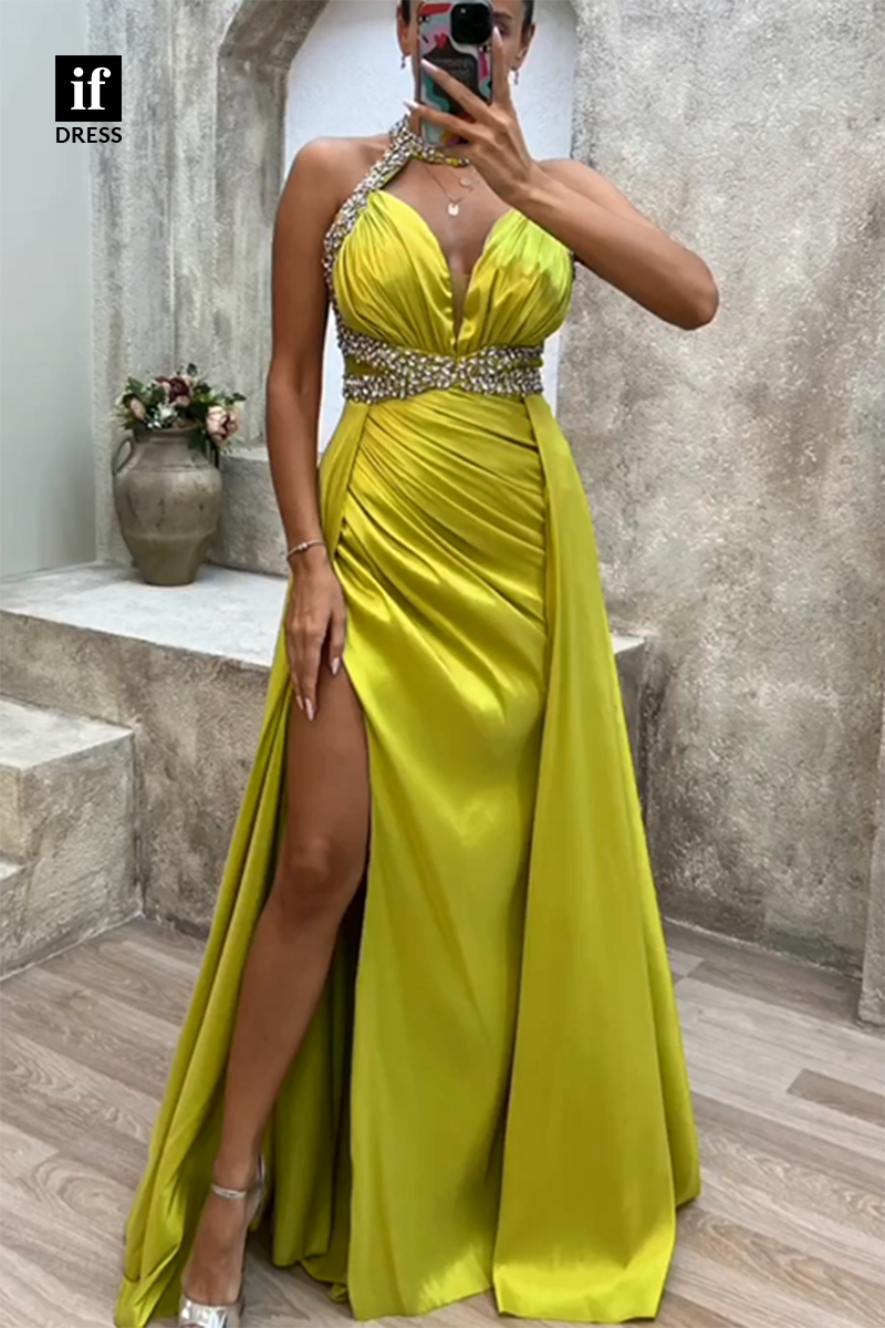 34934 - Classy V-Neck Beads Pleats Side Slit Prom Evening Formal Dress