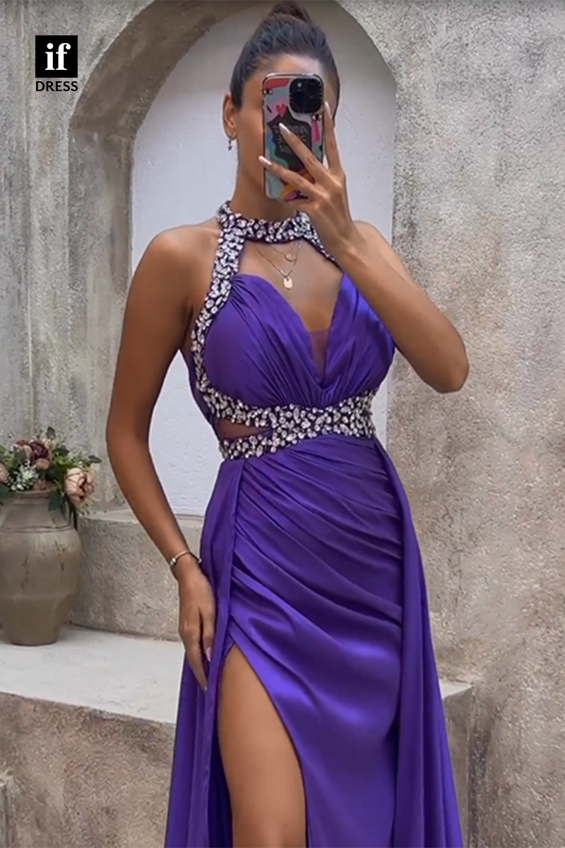 34934 - Classy V-Neck Beads Pleats Side Slit Prom Evening Formal Dress