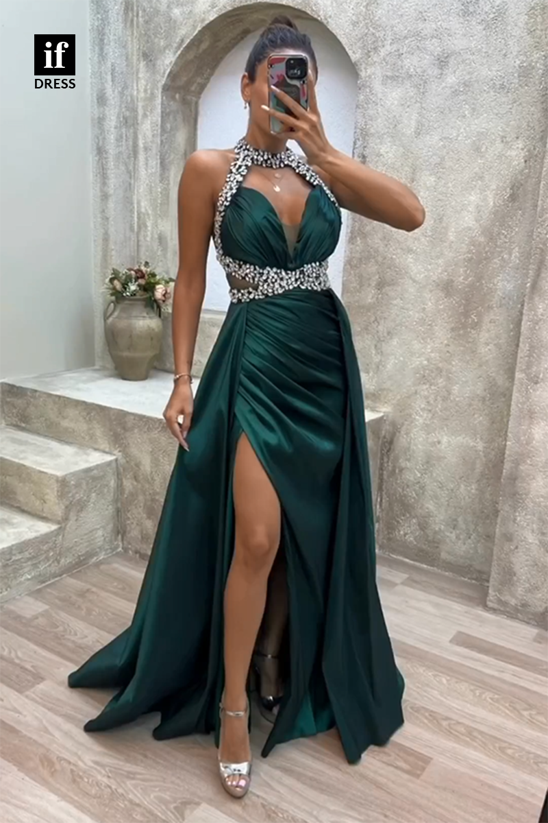 34934 - Classy V-Neck Beads Pleats Side Slit Prom Evening Formal Dress