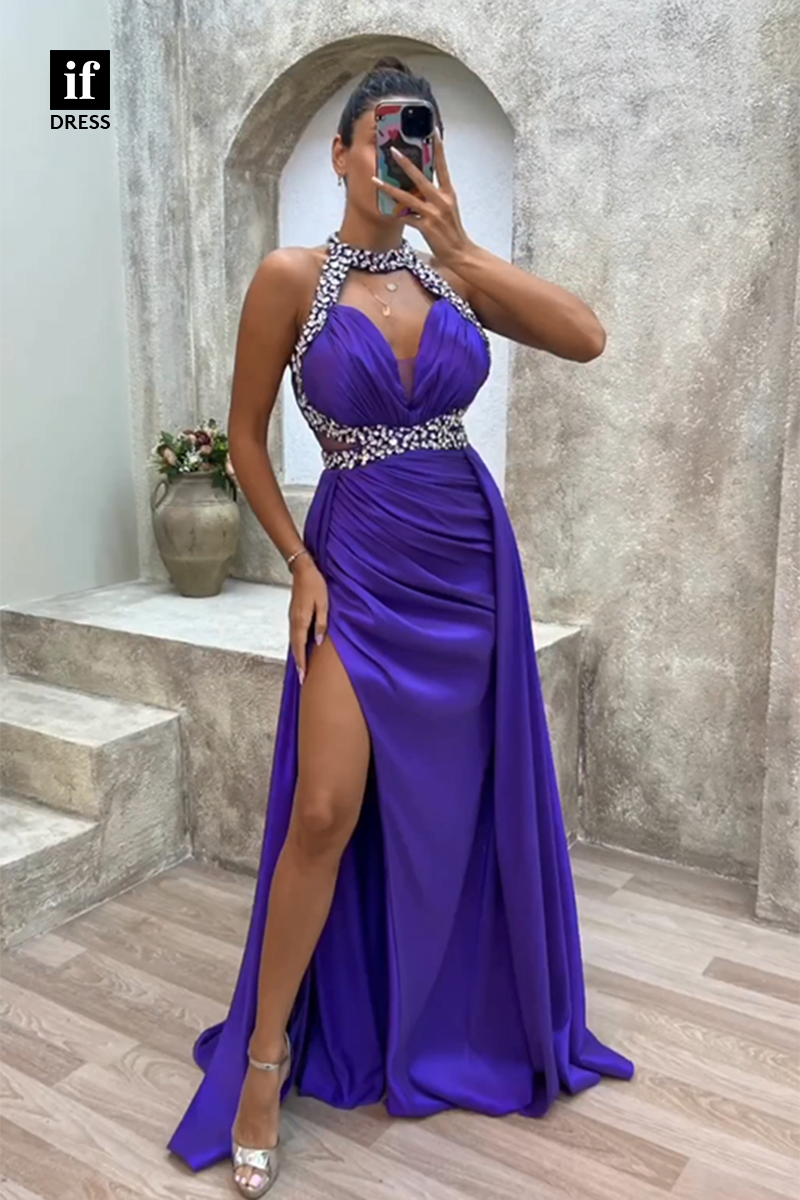 34934 - Classy V-Neck Beads Pleats Side Slit Prom Evening Formal Dress