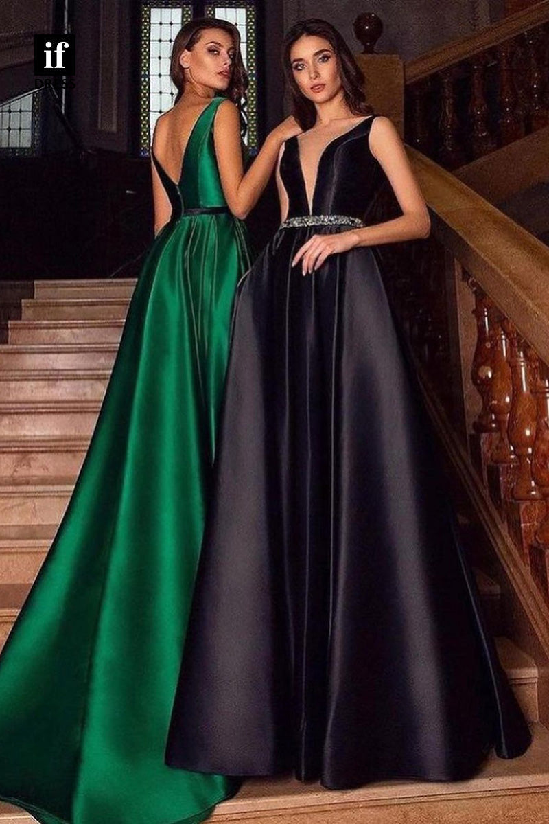 34935 - Elegant Deep V-Neck A-LIne Belt Satin Sleeveless Prom Formal Eveming Dress