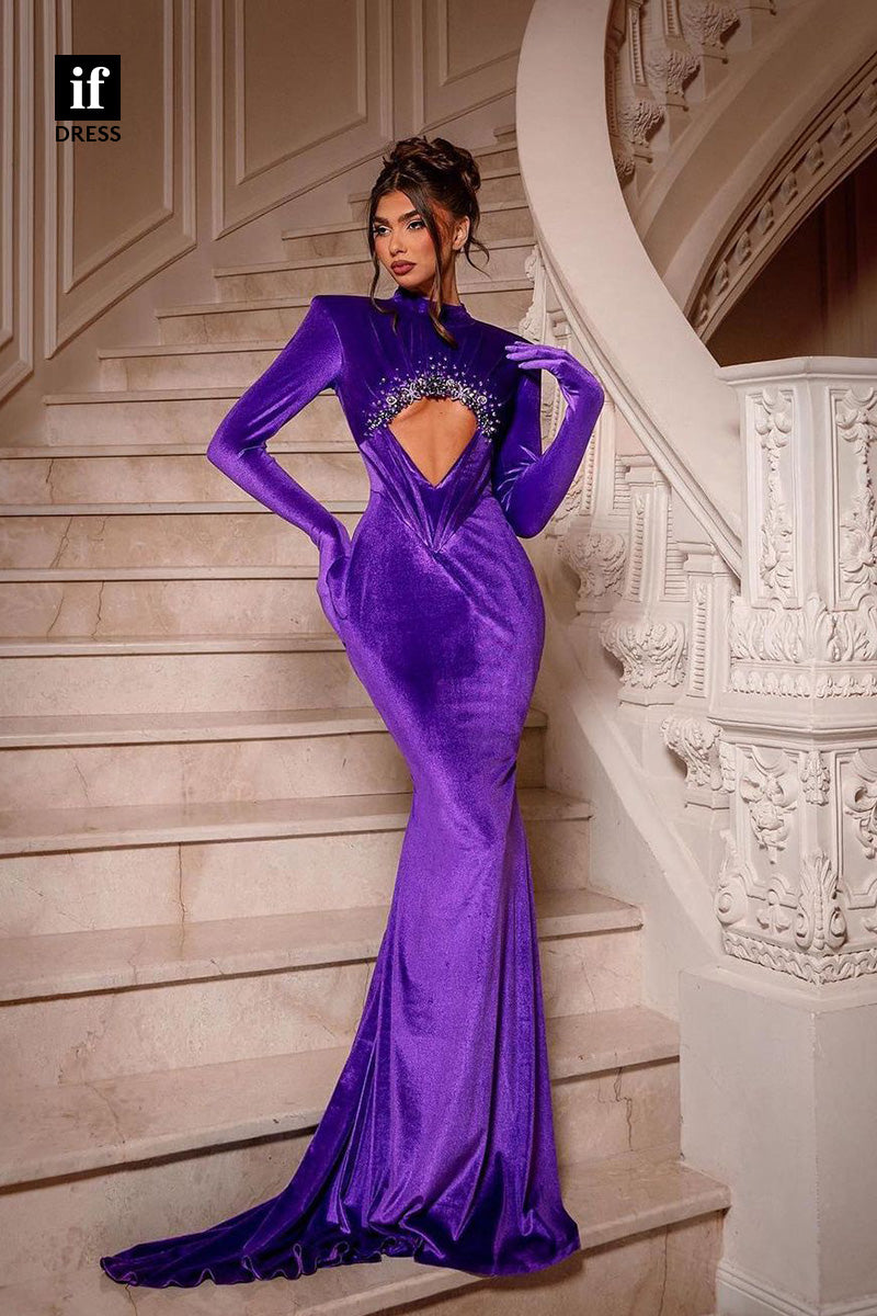 34939 - Amazing High Neck Long Sleeves Mermaid Prom Evenming Formal Dress with Gloves