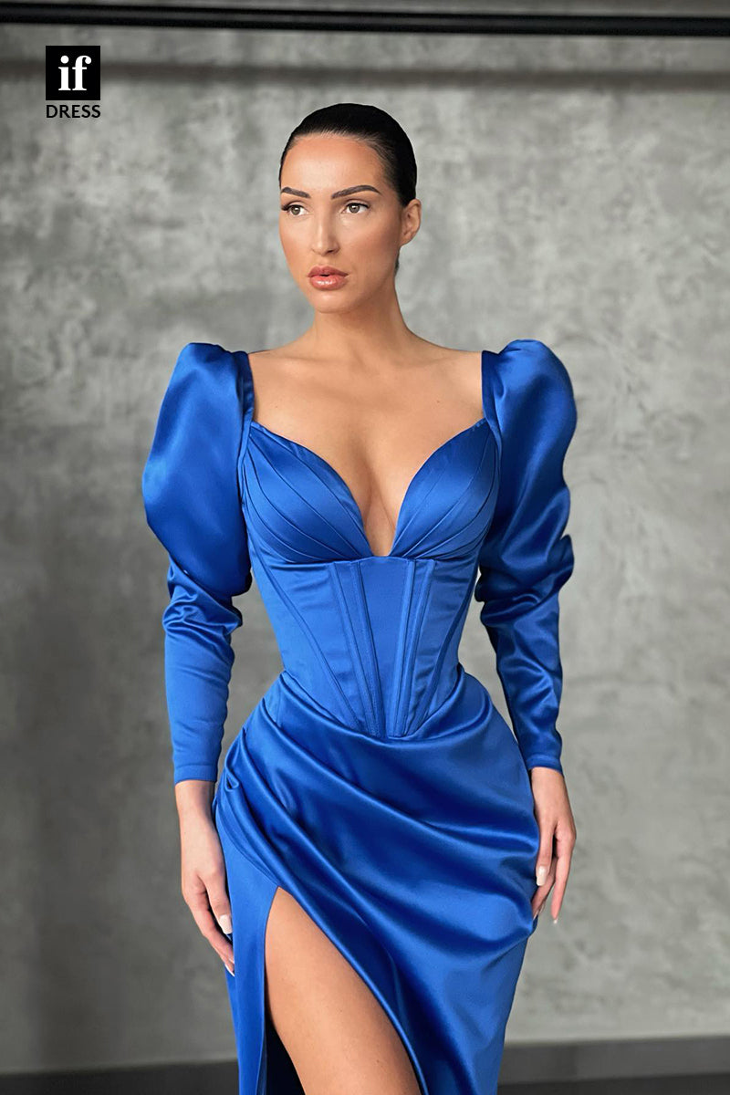 34952 - Timeless Long Sleeves Side Slit Pleats Satin Prom Party Formal Dress