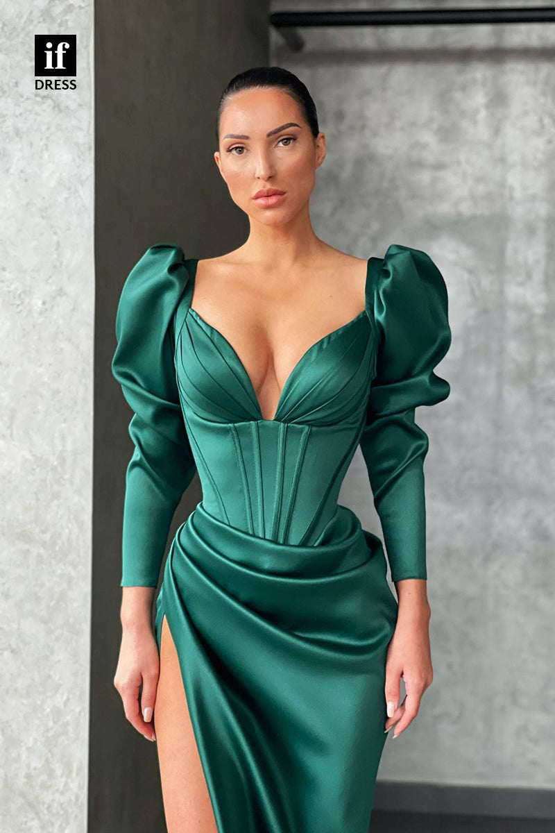 34952 - Timeless Long Sleeves Side Slit Pleats Satin Prom Party Formal Dress