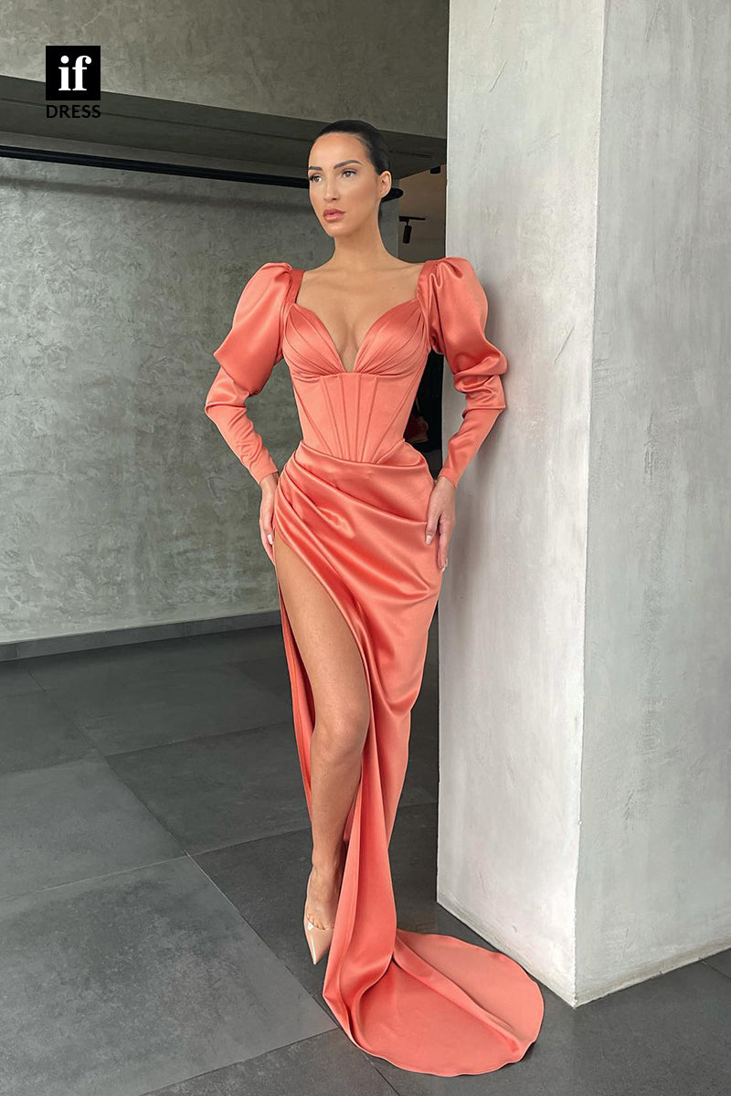 34952 - Timeless Long Sleeves Side Slit Pleats Satin Prom Party Formal Dress