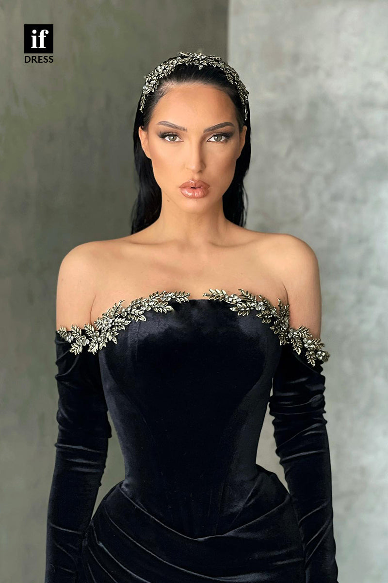 34954 - Elegant Strapless Beads Velvet High Slit Prom Party Evening Dress with Gloves