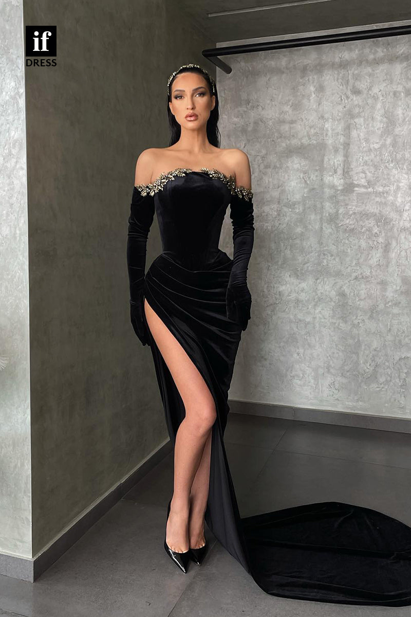 34954 - Elegant Strapless Beads Velvet High Slit Prom Party Evening Dress with Gloves