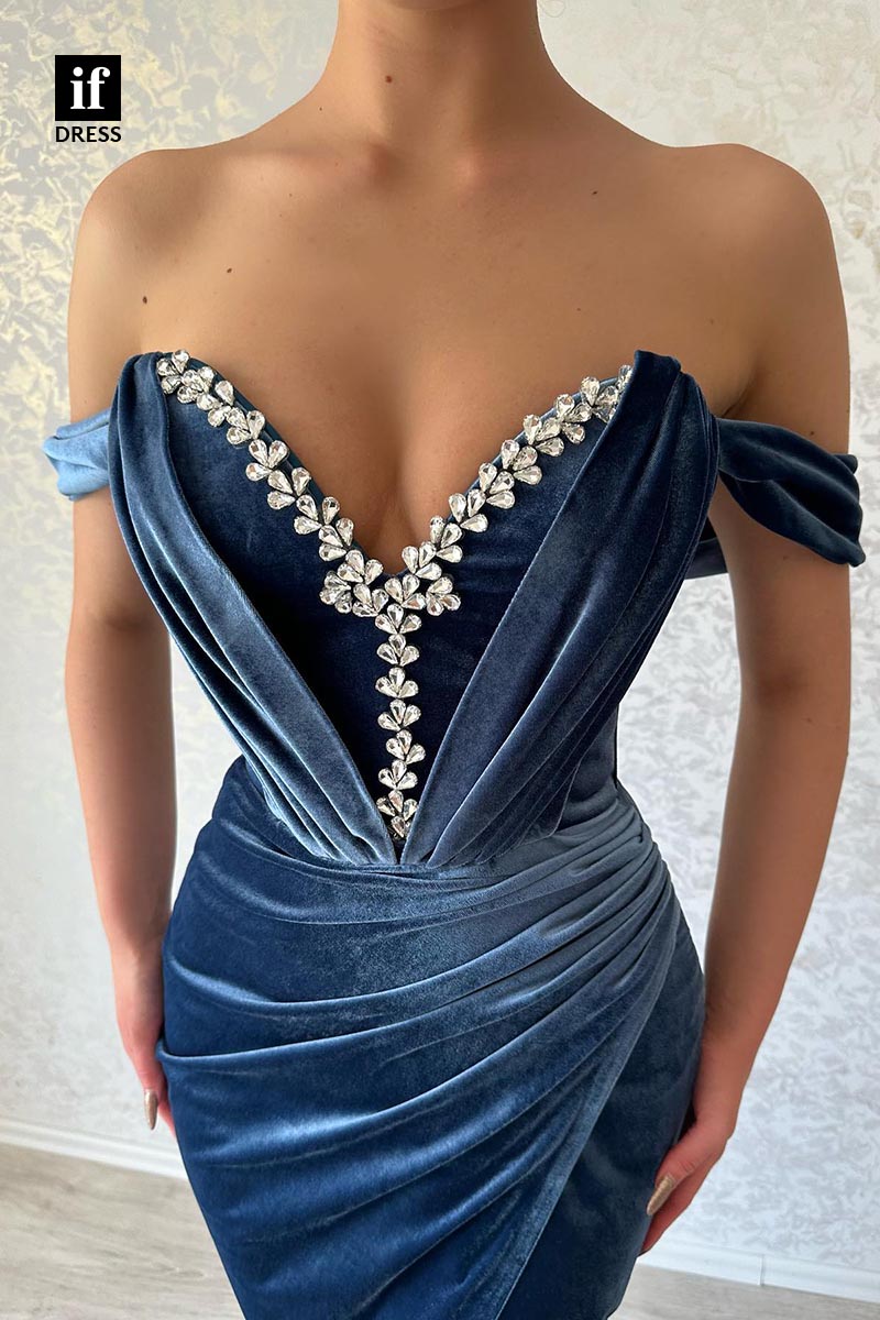 34898 - Chic Strapless V-Neck Beads Velvet Side Slit Prom Evening Formal Dress