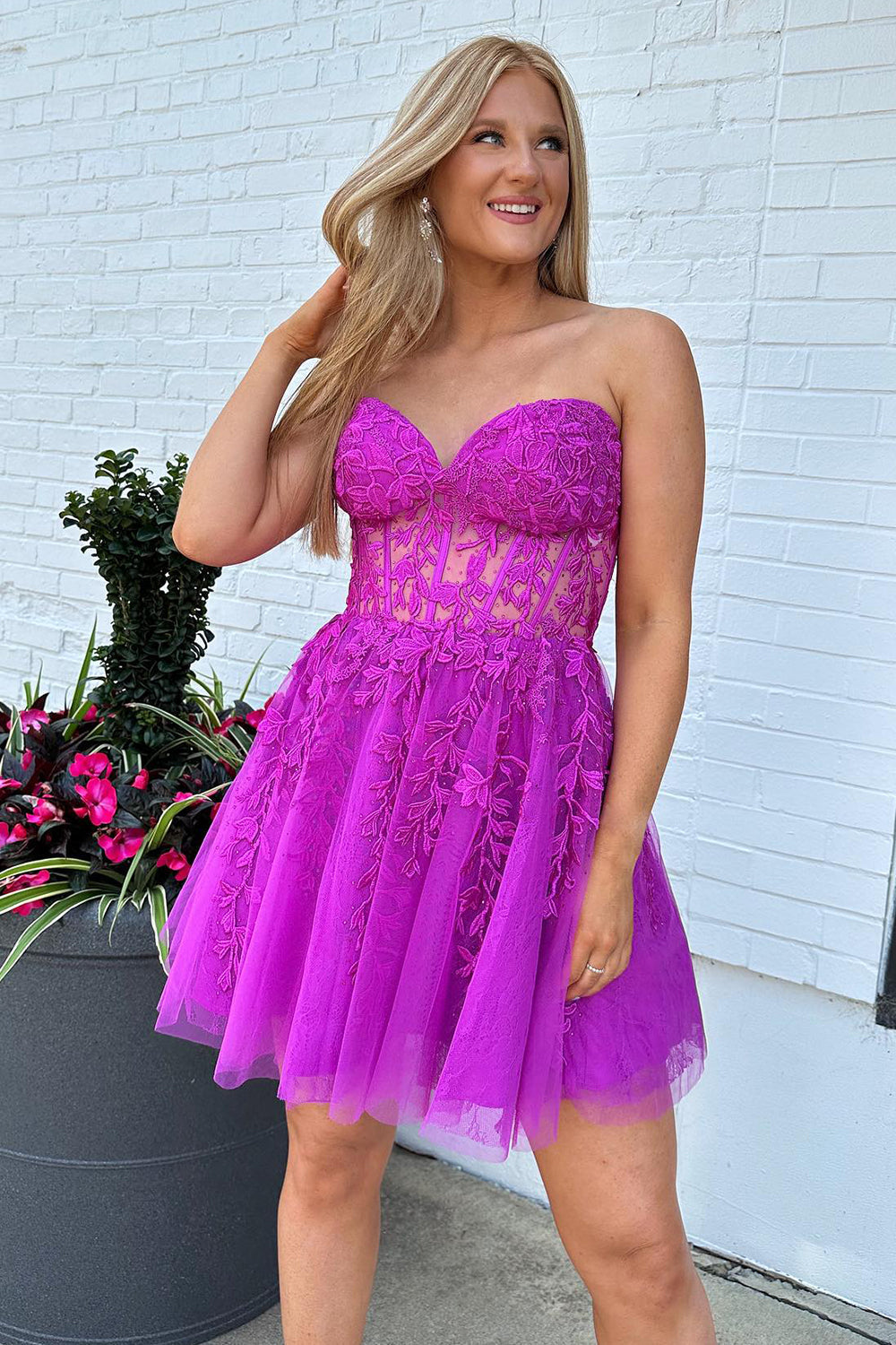 Fuchsia Homecoming Dress Corset A-Line Tulle Short Prom Dress with Lace