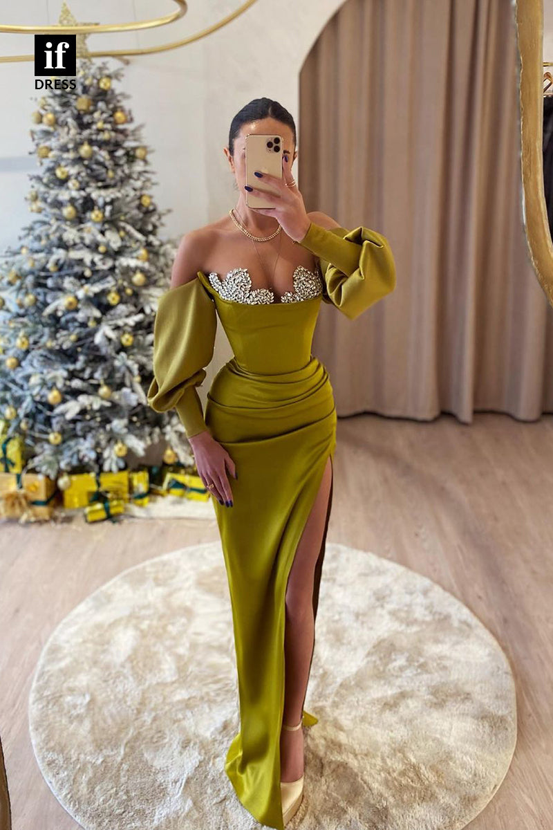 35009 - Off-Shoulder Long Sleeves Beads Side Split Pleats Column Prom Evening Dress