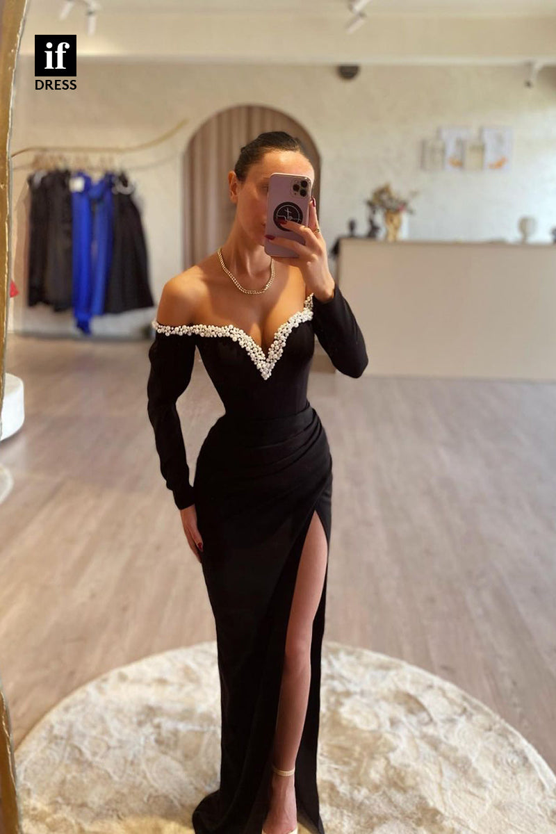 35011 - Strapless V-Neck Pearls Long Sleeves Side Split Long Prom Evening Dress