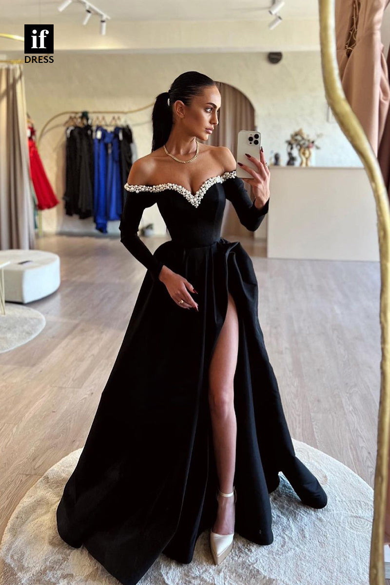 35012 - A-Line Pearls Strapless V-Neck Long Sleeves Prom Evening Formal Dress