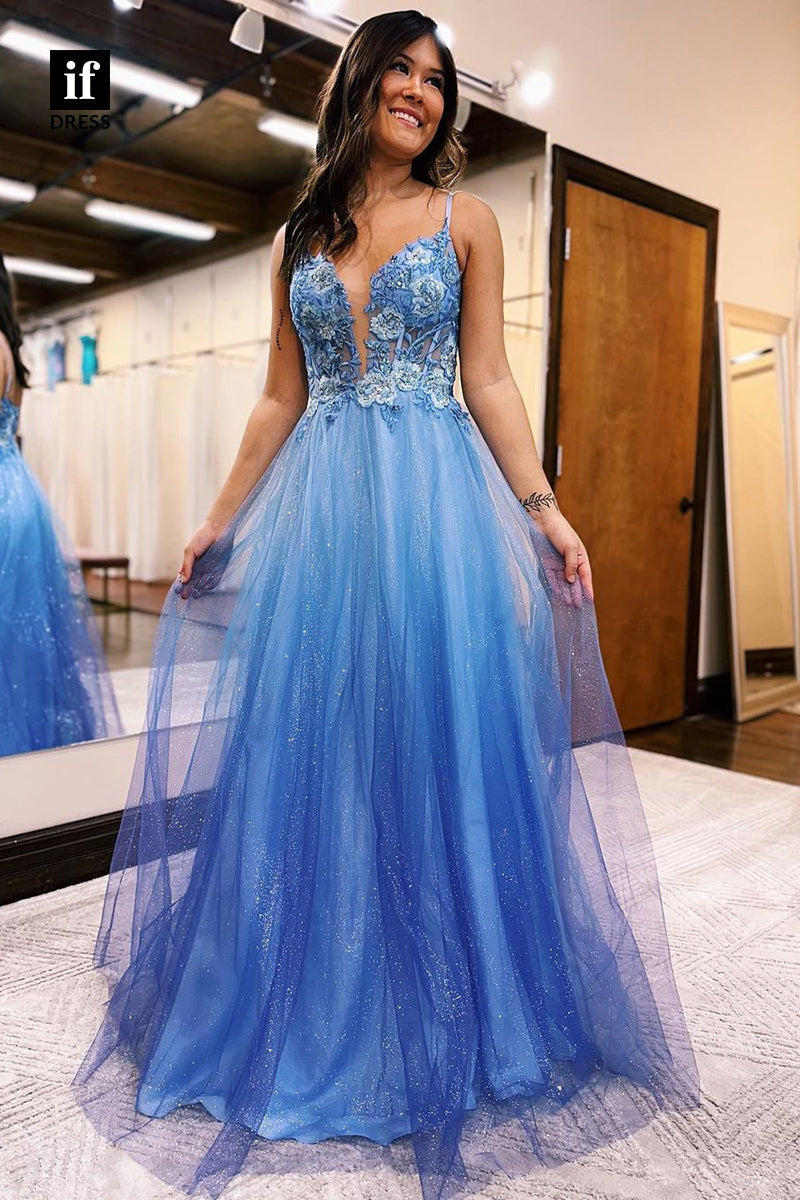 35020 - Charming V-Neck Spaghetti Straps Appliques Tulle Long Prom Evening Dress