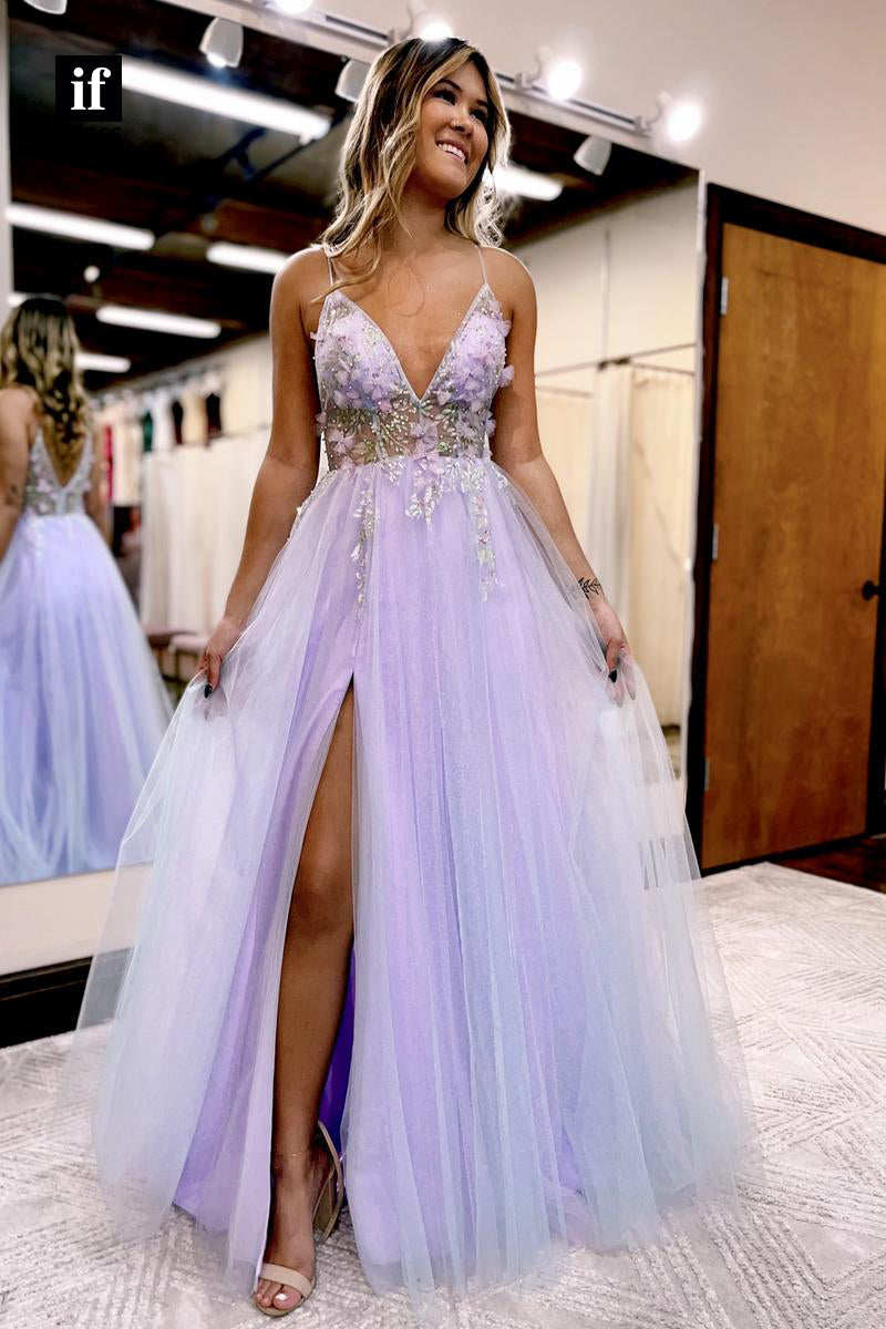 35028 - Elegant Spaghetti Straps V-Neck Tulle Appliques Side Slit Prom Dress