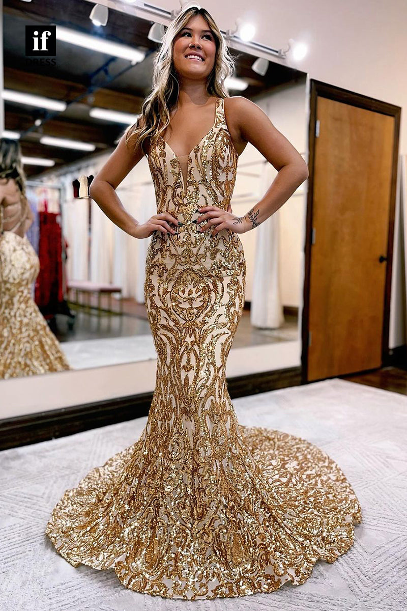 35036 - Glomaorous Deep V-Neck Sequins Appliques Meramid Prom Evening Dress