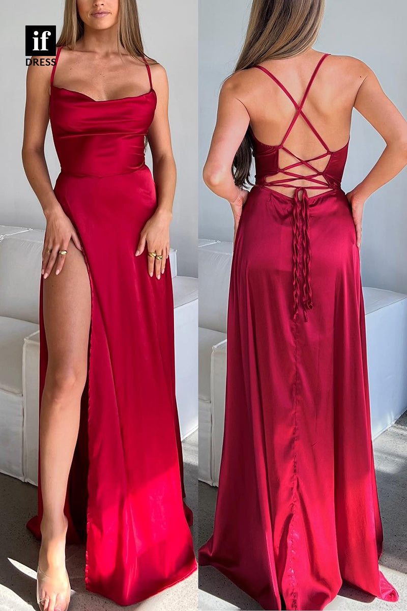 34477 - Spaghetti Straps Side Slit Scoop Sheath Prom Formal Bridesmaid Dress