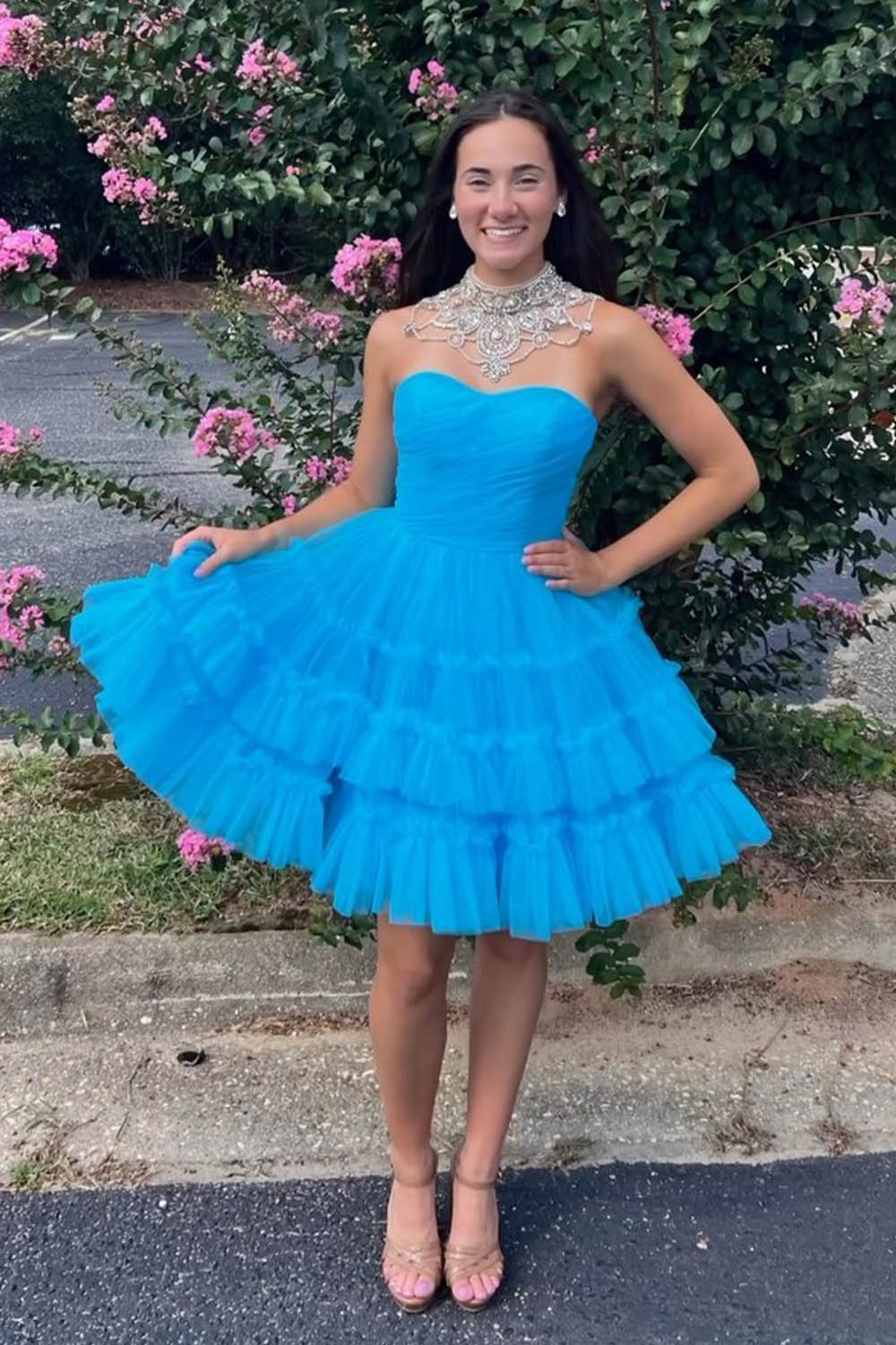 Black Homecoming Dress A-Line Sweetheart Tulle Tiered Corset Short Prom Dress