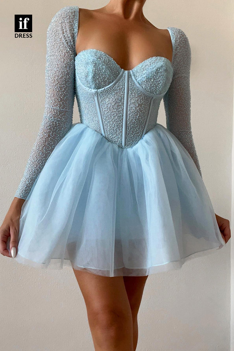 F1572 - Classy A-Line Long Sleeves Beads Short Cocktail Homecoming Dress