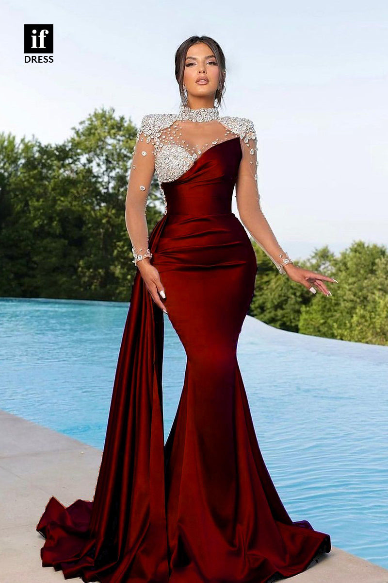 34745 - Stunning Beads High Neck Mermaid Pleats Prom Evening Formal Dress