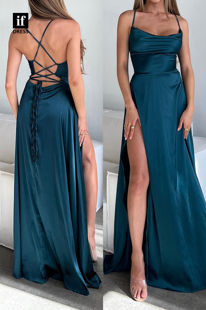 34477 - Spaghetti Straps Side Slit Scoop Sheath Prom Formal Bridesmaid Dress