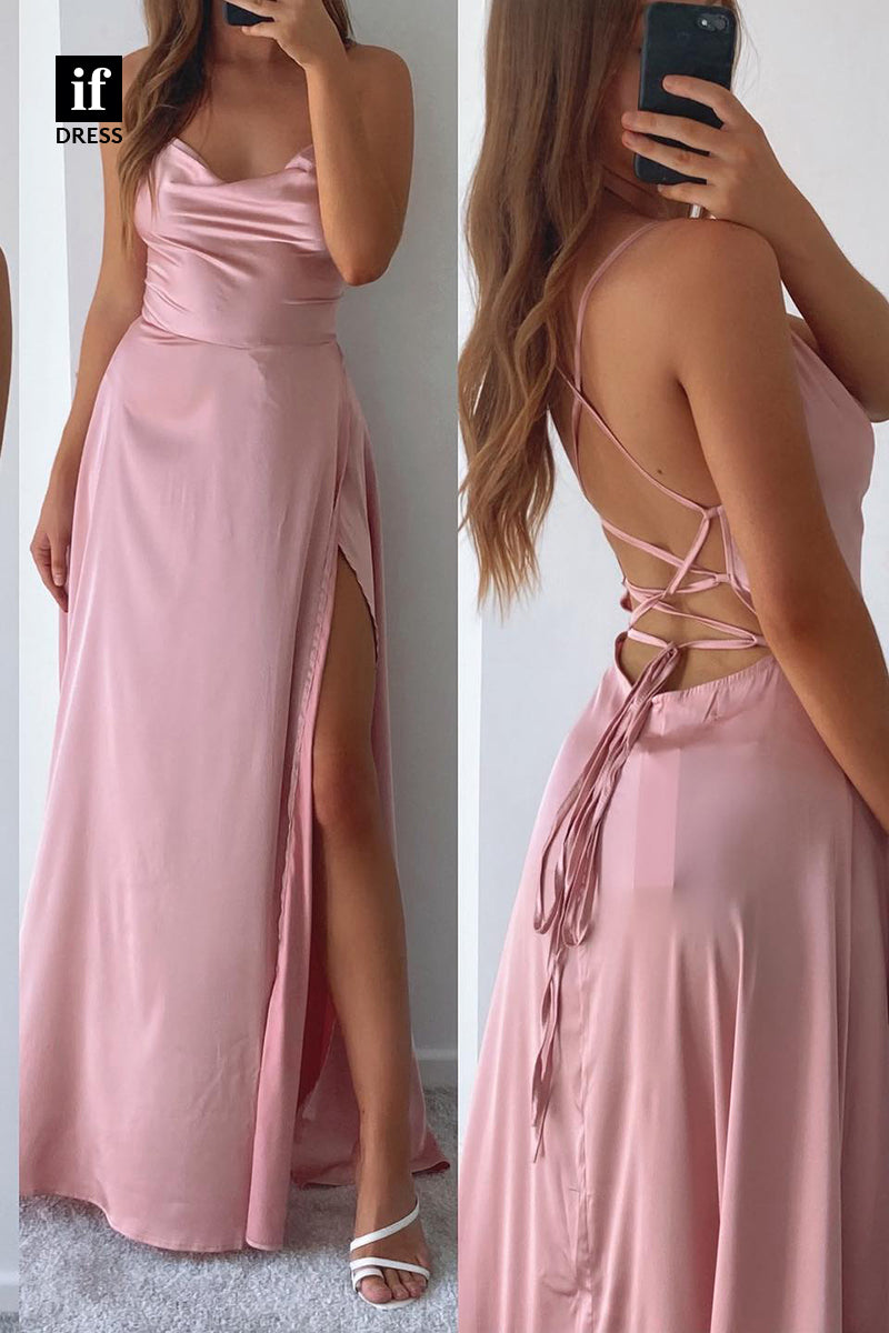 34477 - Spaghetti Straps Side Slit Scoop Sheath Prom Formal Bridesmaid Dress