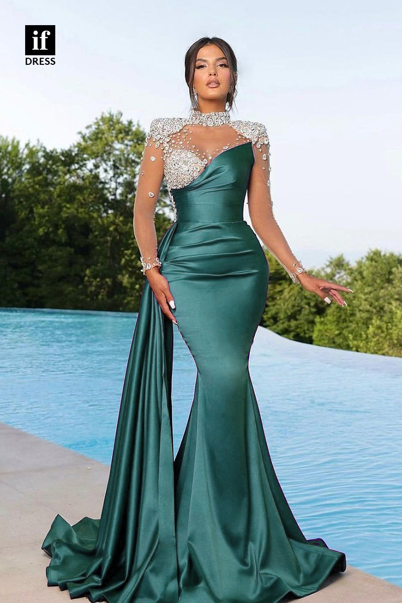 34745 - Stunning Beads High Neck Mermaid Pleats Prom Evening Formal Dress