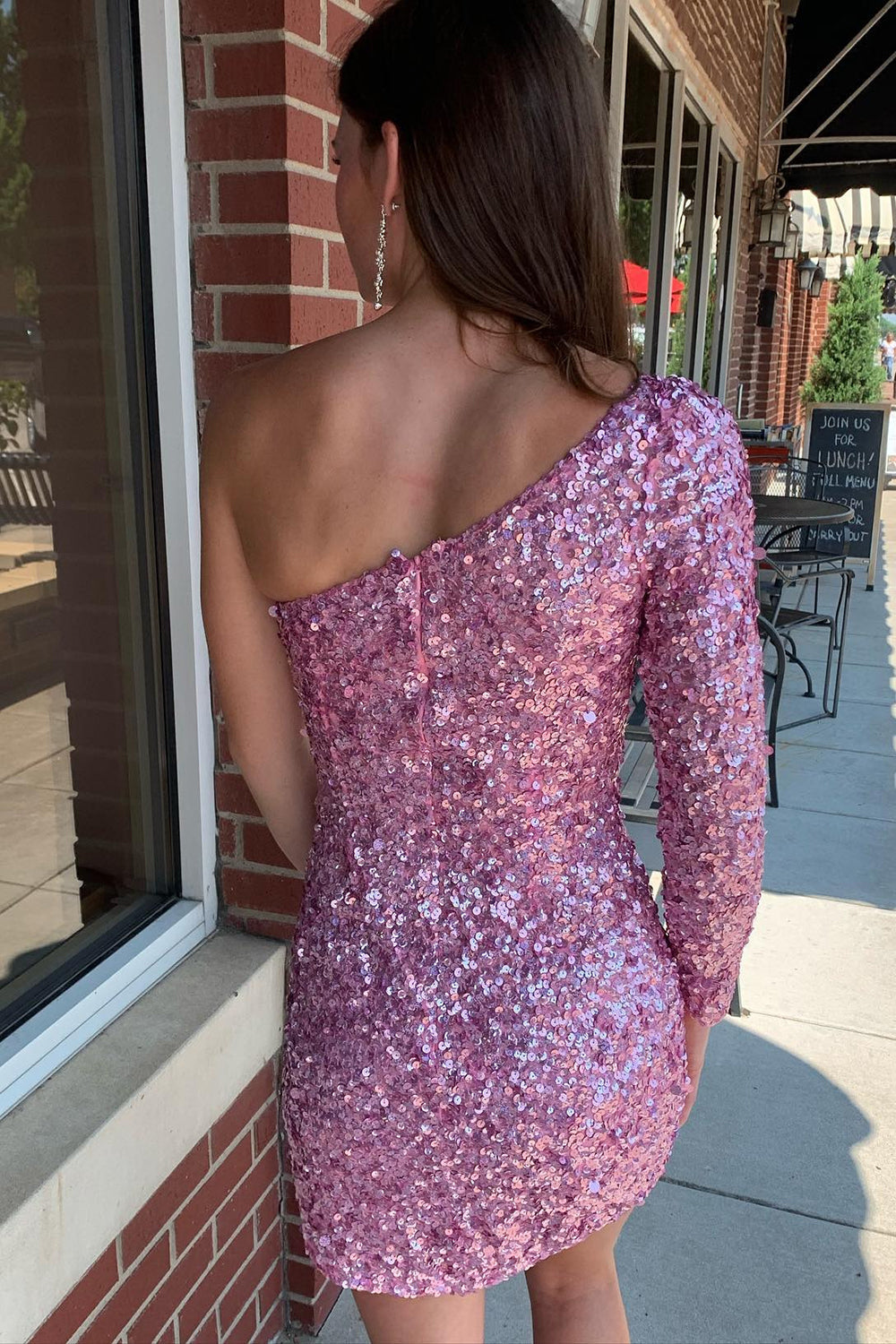 Pink Homecoming Dress One Shoulder One Sleeve Sequin Tight Short Prom Dress