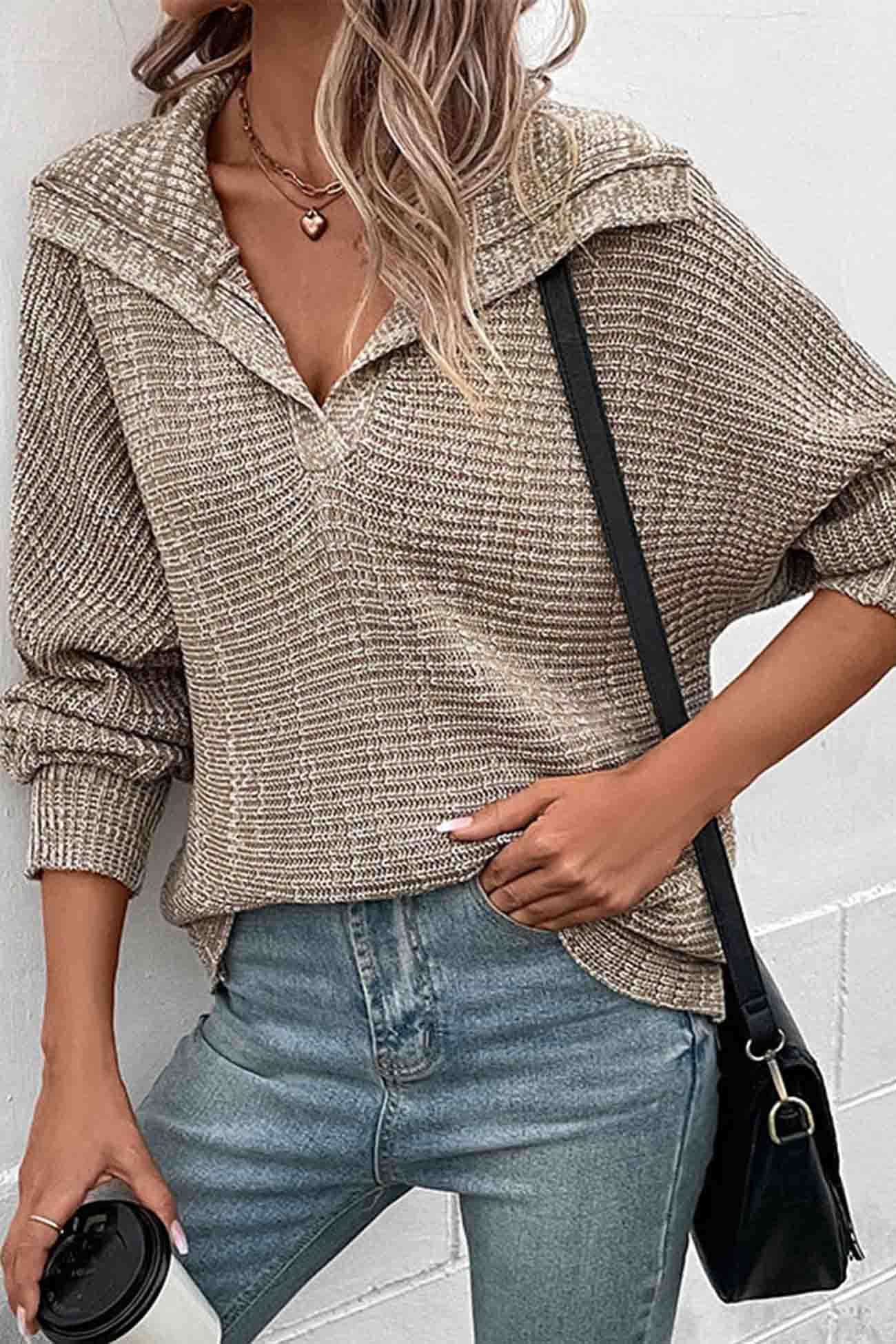 Khaki Lapel Long Sleeve Sweater